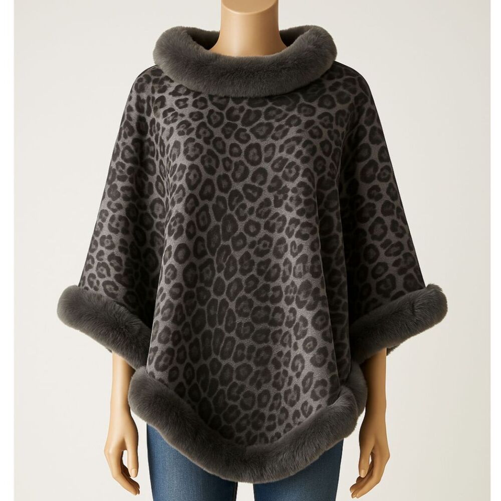 La Fiorentina Leopard Print Faux Fur Trim Poncho Wrap – One Size